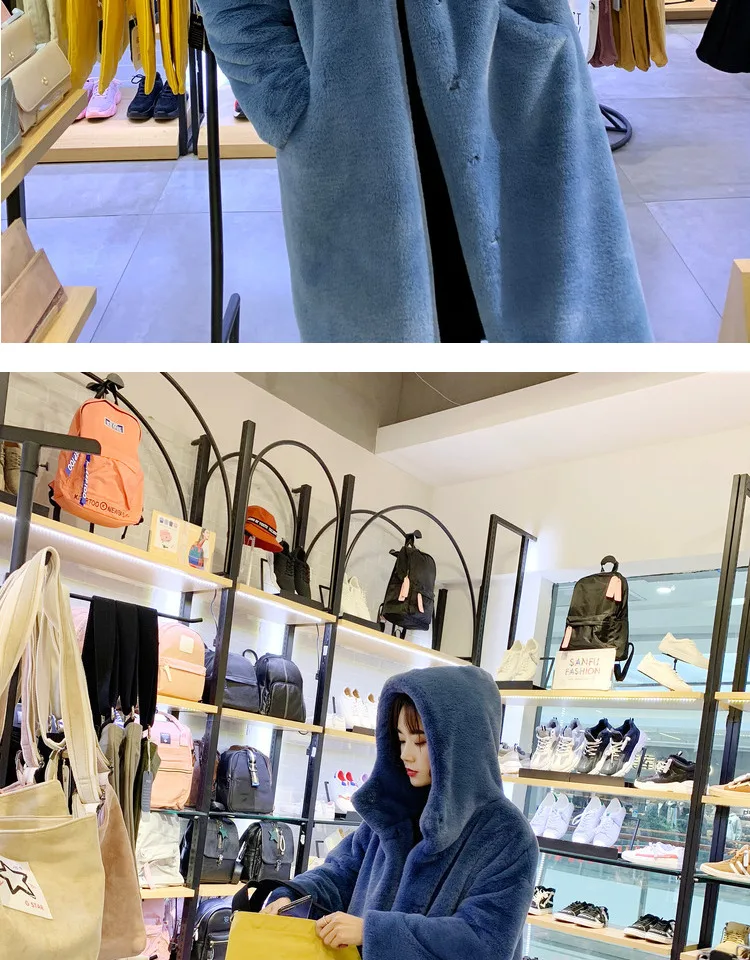 Зимняя норковая шуба Новая женская длинная теплая шуба пальто женская с капюшоном бархатная норковая шуба женская толстая свободная шуба