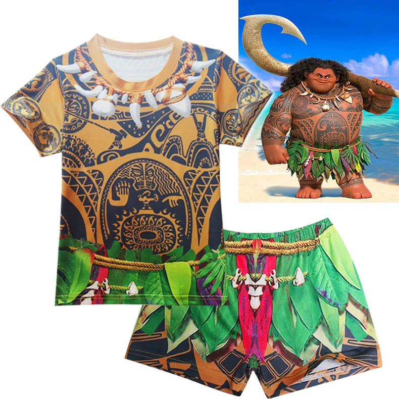 Купальный костюм для мальчика 2020 года с короткими рукавами Moana Cosplay Maui рубашка шорты штаны кепка купальник костюм плавки.