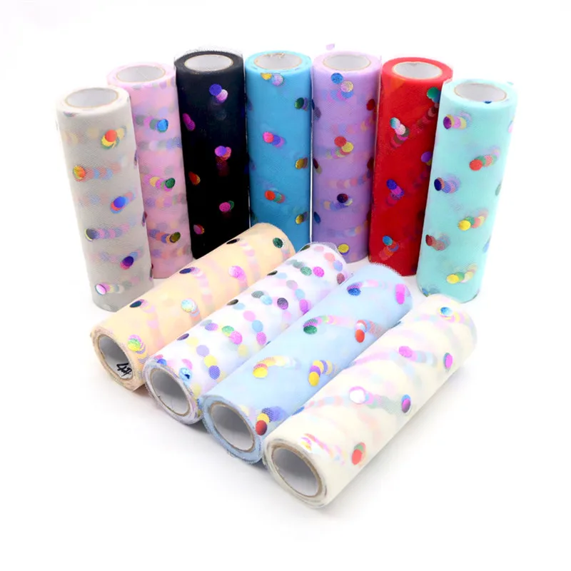 

10 Yards 15cm Rainbow Dot Tulle Roll Glitter Sequin Organza Tutu Fabric Wedding Decoration White Tulle Birthday Party Supplies