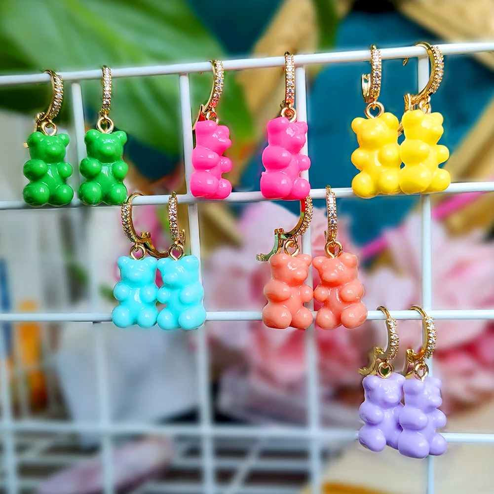 

Korean Lovely Gummy Bear Pendant Crystal Drop Earrings For Women Girls Cartoon Resin Bears Dangle Earring Fashion Jewelry Gifts