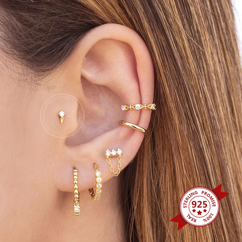 

925 Sterling Silver Zircon Cute Stud Earrings For Women Crystal Mini Spike Shaped Second Earrings Fashion Jewelry Perfect Gift