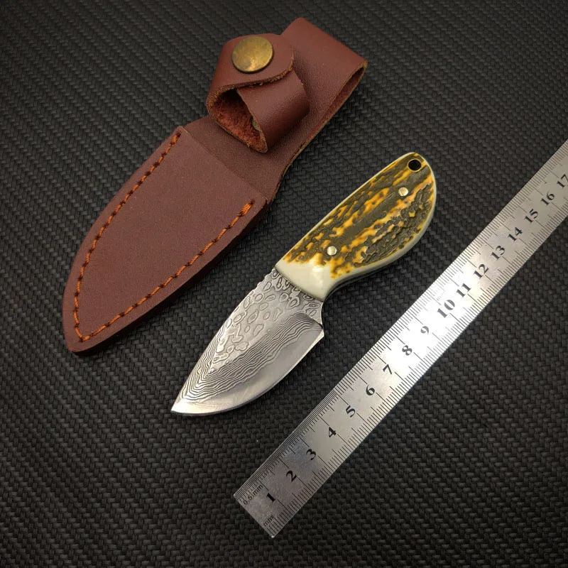 Нож из дамасской стали с оленьими рожками портативный охотничий Клинок для