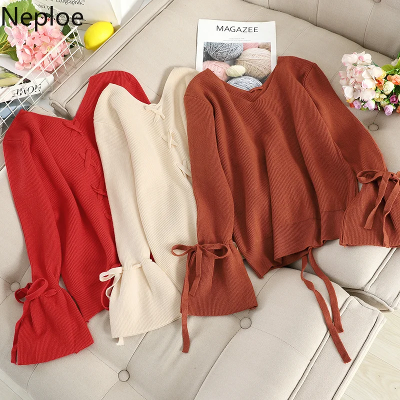 Женский трикотажный свитер Neploe однотонный пуловер с v-образным вырезом длинным