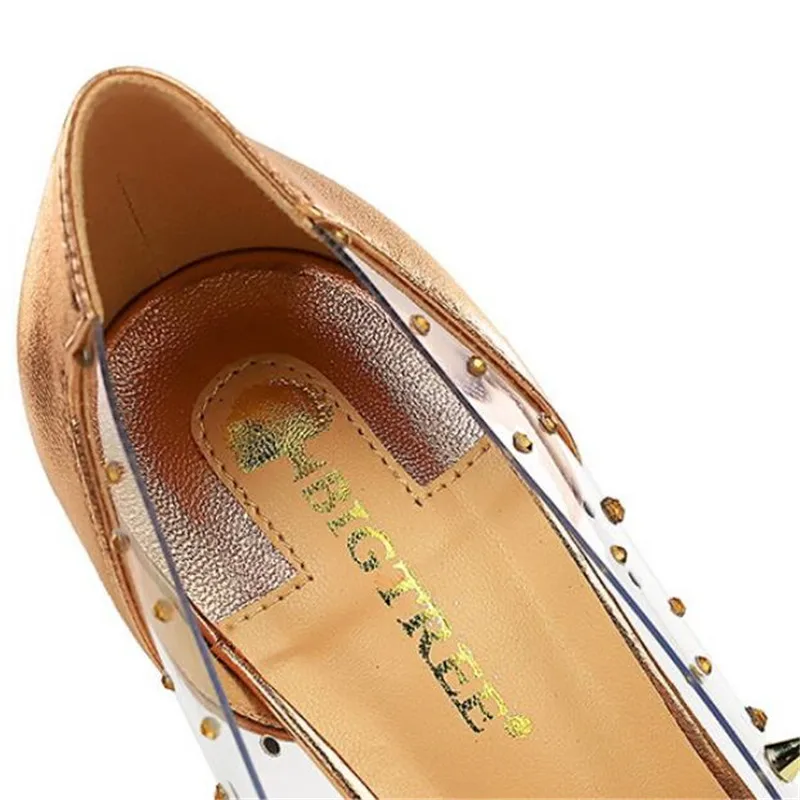 

2021 new style women's shoes pointed toe transparent rhinestone women's shoes metal rivets high quality 9CM high heels size 3-9