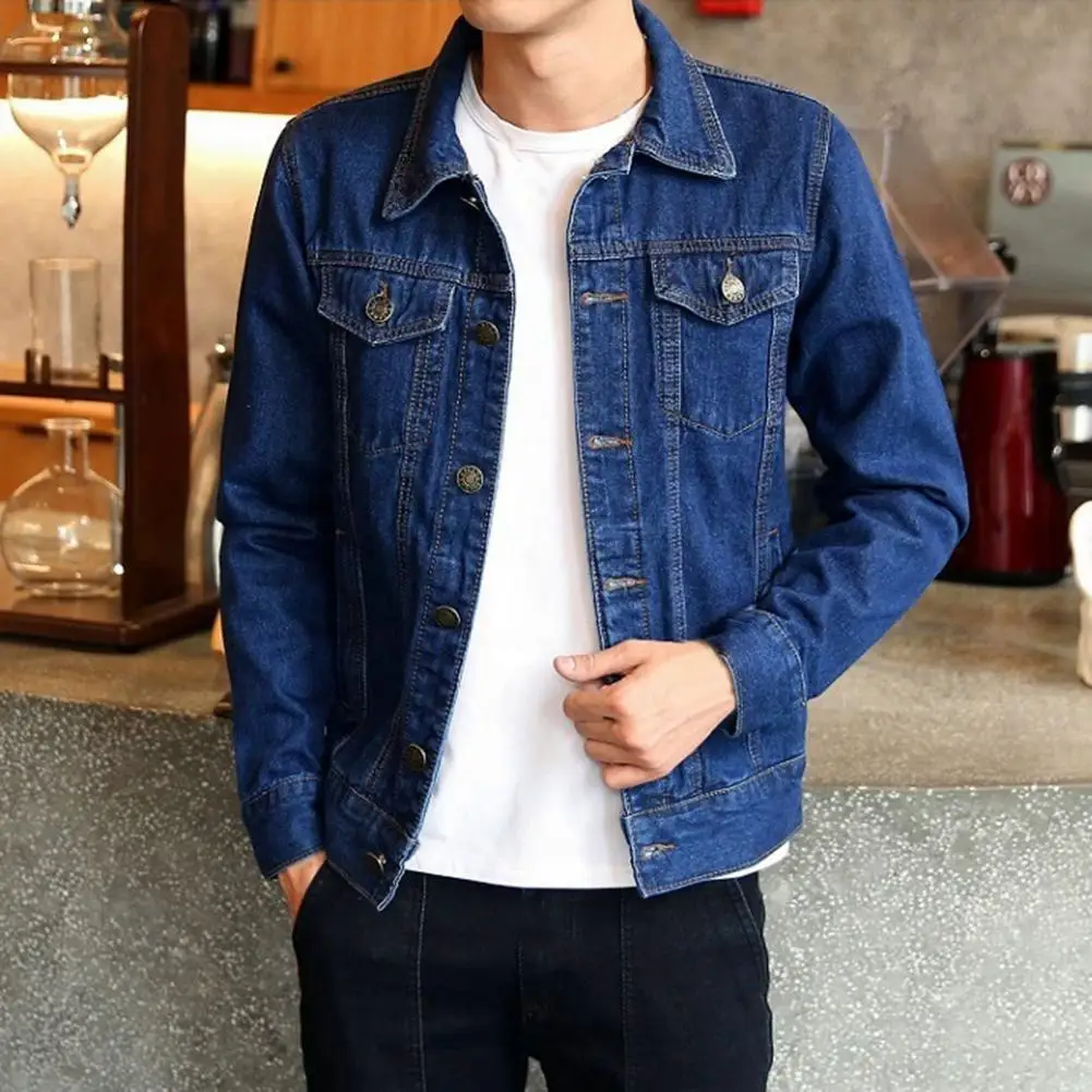 

Men Jacket and Coat Trendy Denim Jacket Pockets Jacket Turn-down Collar Cardigan Men Denim Coat for Autumn Jean Jacket Outwear