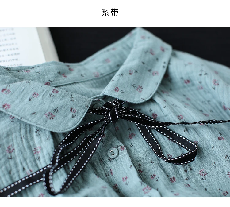 

2020 New autumn Women Shirt Literary floral Print Peter Pan Collar Lacing Double Cotton yarn Long Sleeve Blouse Women