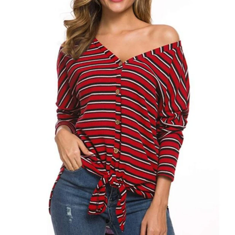 Осенняя Милая модная свободная полосатая футболка на пуговицах с длинными
