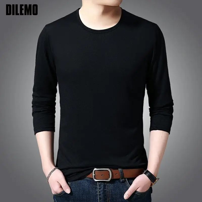 

New Fashion Brand Mens Round Neck Plain Cotton Basic Black Tee Shirts Long Sleeve Tops Casual High Quality Mens Clothes 2021