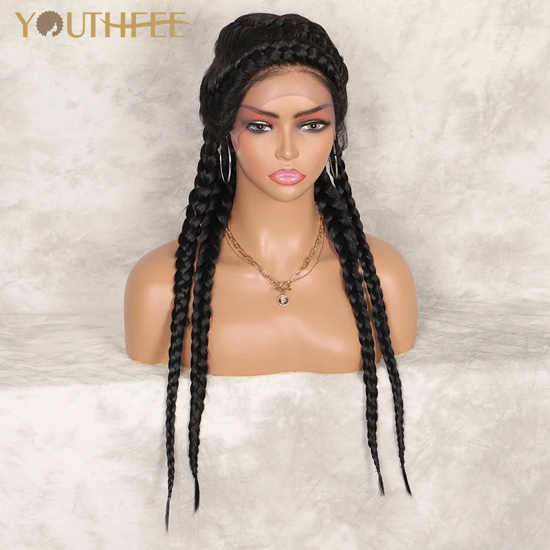 

Youthfee 26" Braided Wig With Baby Hair Double Dutch Lace Part Wig For Women Box Braids Lace Front Synthetic Wigs