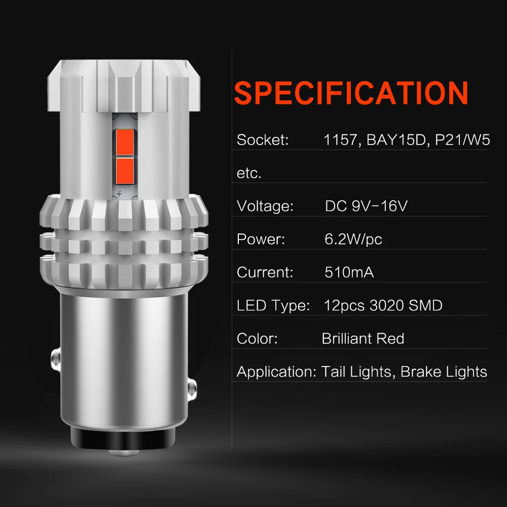 2 шт. 1157 BAY15D P21 5 Вт Светодиодный светильник 12 SMD 3020 фишек высокой мощности Светодиодный светильник тормозной светильник s P21/5 Вт Автомобильный светодиодный светильник красный Авто 12 В