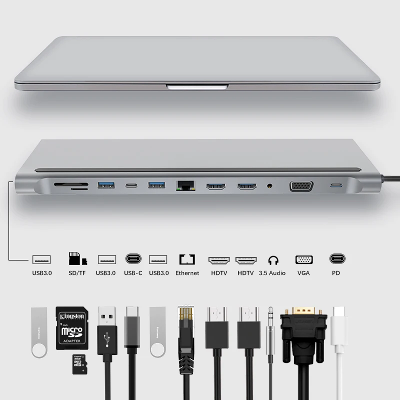 

12 in1 USB-C концентратор USB Type-C двойной HD 4KVGA 3,5 аудио USB3.0 двойной PD RJ45 SD/TFcard Для устройства чтения sd-карт для MacBook и USB Type-C компьютер