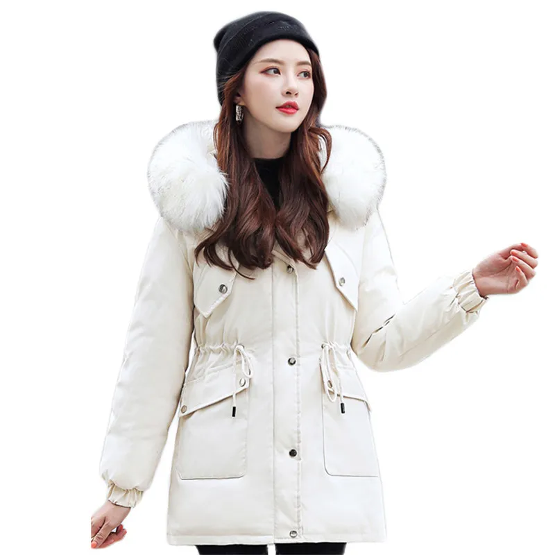 

Зимнее пальто из хлопка на пуху для женщин, 20 новых модных корейских женских свободных белых меховых воротников с капюшоном и бантом на пояс...