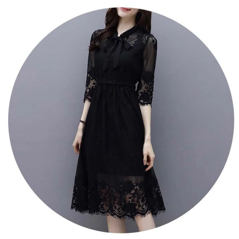 

Lace Black Dress Female 2020 New Women's Seven Sleeve Black Thin Middle Length Lace Dress Bodycon Party Dress