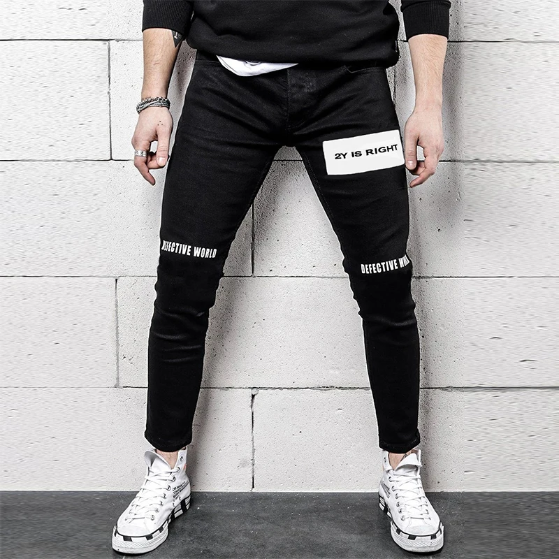 

Men's Black New Biker Fashion All-match High Waist Jeans Pattern Printed Fit Elasticity Small Feet Pants Washed Denim Trouser
