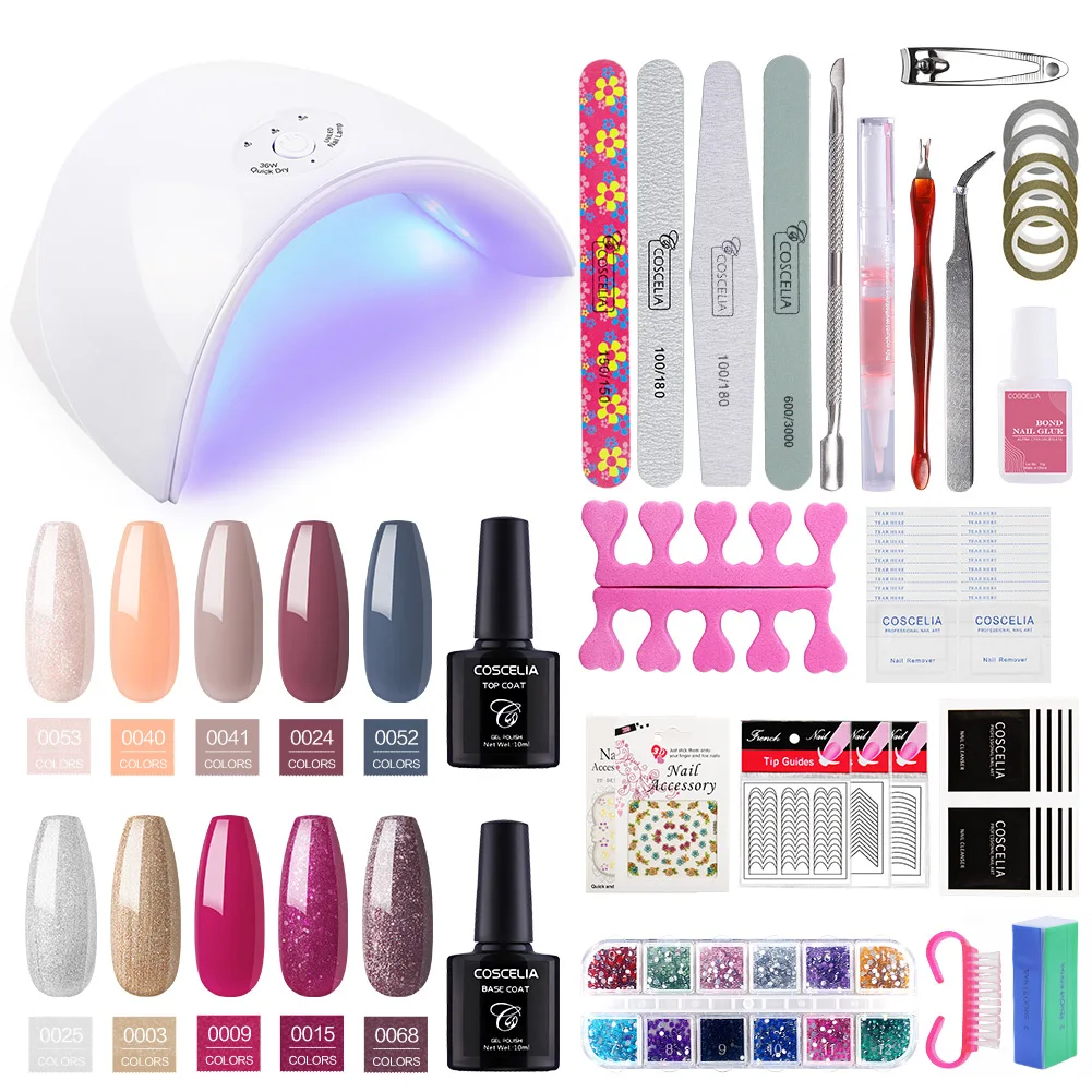 Nail Set 04 Набор сушильных ламп для ногтей COSCELIA, Гель-лак для ногтей с профессиональным сверлом для ногтей, набор инструментов для маникюра, 10 цветов - Цвет: Nail Set 04