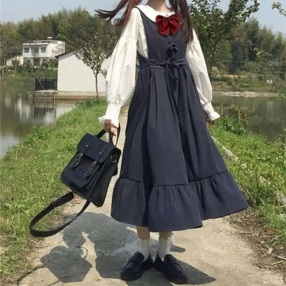 

Harajuku Dress Japanese Sailor Uniform Cute Fairy Girl Kawaii Long Sleeve Skirt College Uniform Suit Korean Casual Dresses Y2k