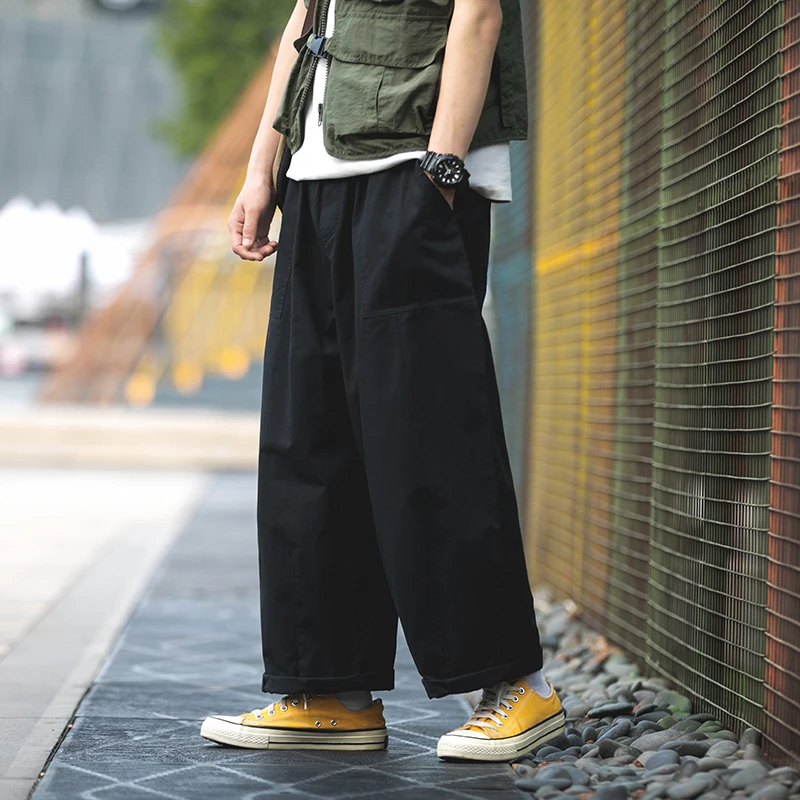 

Men Japanese Solid Straight Pants 2021 Spring Autumn Mens Loose Wide Leg Pants Male Fashion Hip Hop Cargo Pants Black Joggers