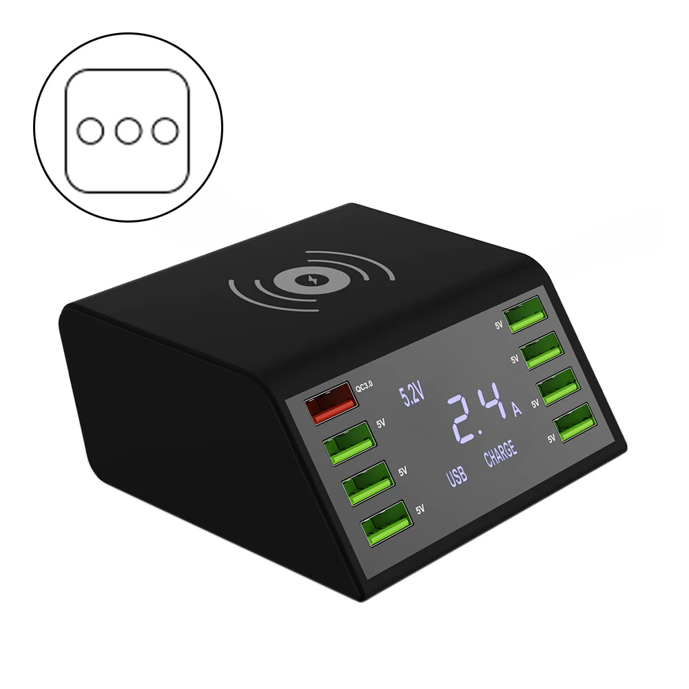 Европейский Союз (ЕС) 8 портов Быстрая зарядка USB зарядное устройство QC 3,0 умный адаптер питания станция ЖК-дисплей+ беспроводная Быстрая зарядка Eu/US/Au/UK вилка - Тип штекера: Европейский Союз (ЕС)