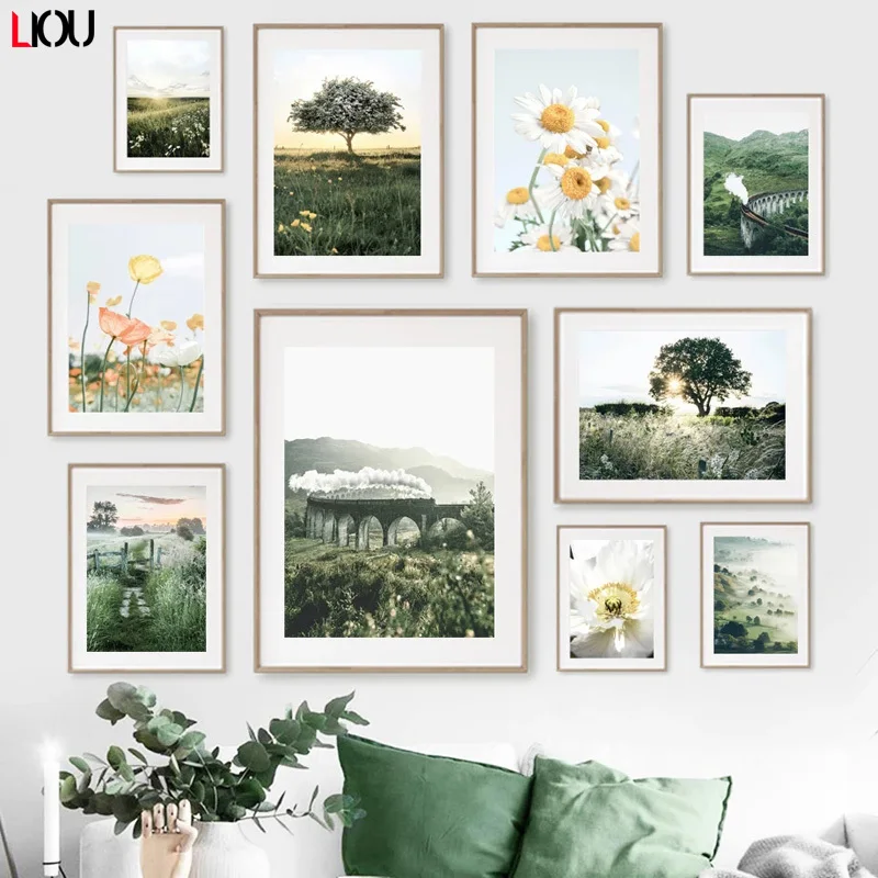 Ромашки Одуванчик долина поезд трава цветок настенная Картина на холсте