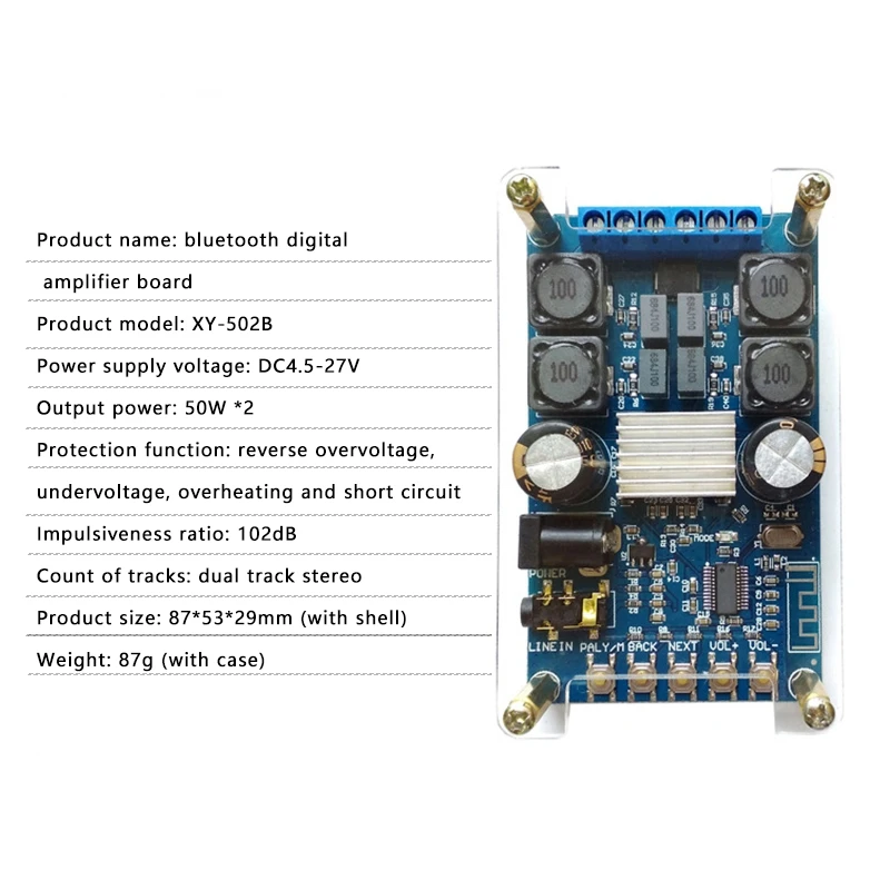 

Bluetooth Digital Power Amplifier Board Stereo Dual Channel 50W+50W Audio Amplifier Board with Shell