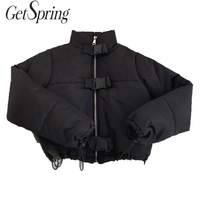 GetSpring Женская парка зимняя верхняя одежда куртка пальто Высокая талия черная