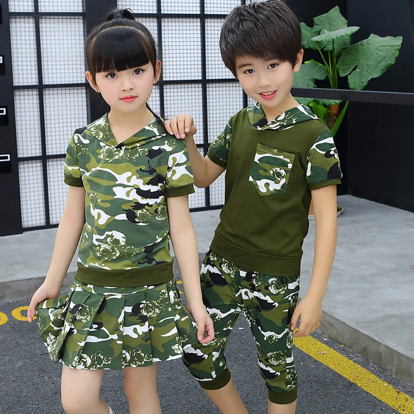 Костюм детский Камуфляжный в стиле милитари с капюшоном и шортами/юбкой|Военный|