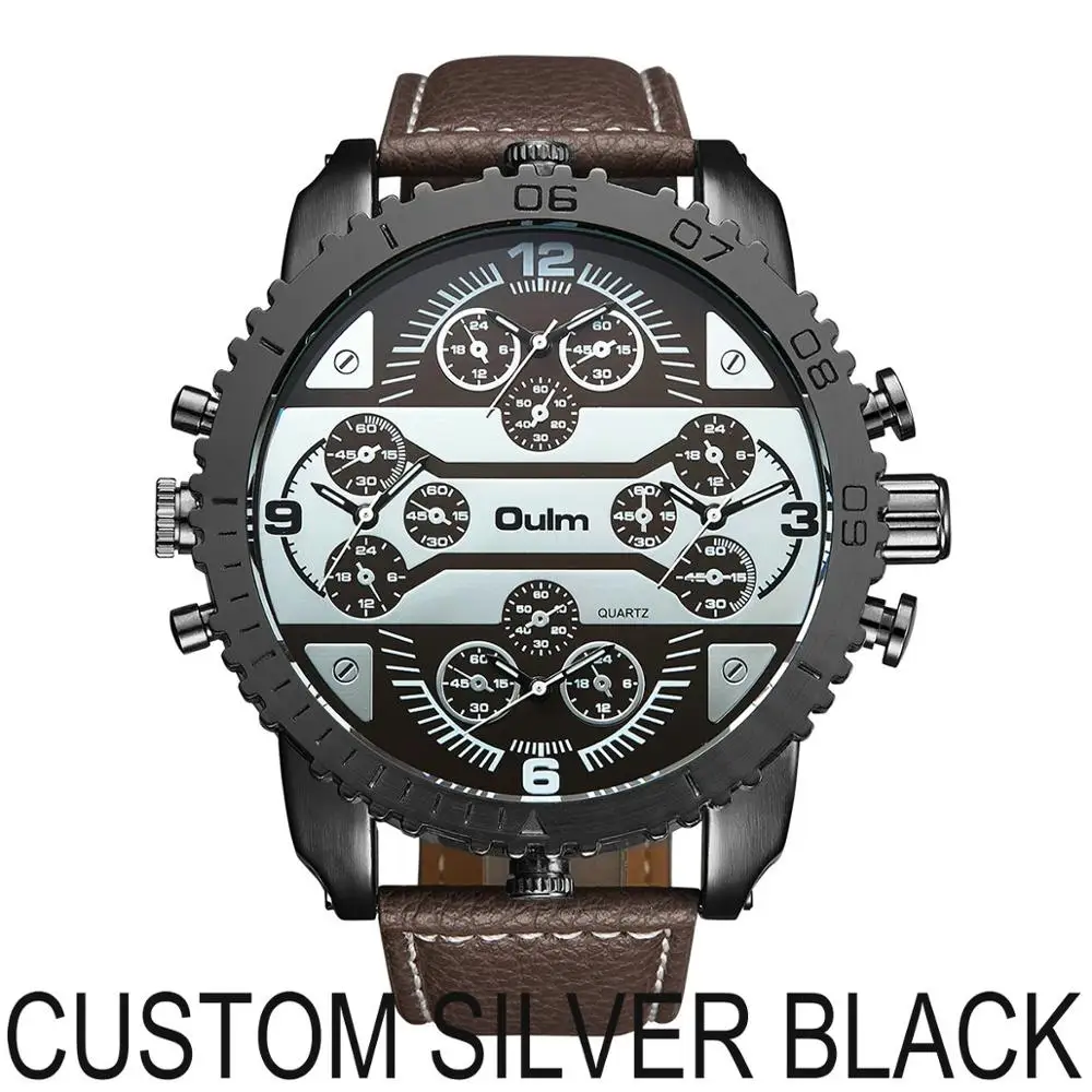 CUSTOM SILVER BLACK OULM спортивные кварцевые часы мужские большой чехол военные мужские s часы лучший бренд класса люкс кожаный ремешок 4 часовых пояса модные повседневные наручные часы - Цвет: CUSTOM SILVER BLACK