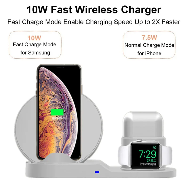 10 Вт Быстрое беспроводное зарядное устройство для iPhone 11 Pro MAX X XR XS MAX 3 в 1 быстрая зарядка для Apple Watch для Airpods с подставкой зарядное устройство