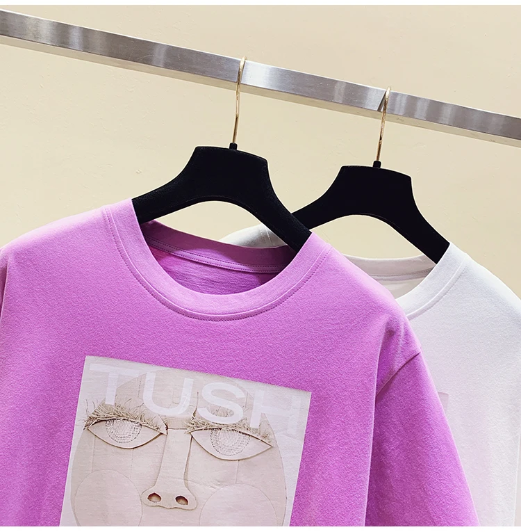 

Houthion Cotton Printing Women's T-shirt Short Sleeve Top Plus Size Fashion Tshirt Casual New Korean T Shirt O-Neck Summer