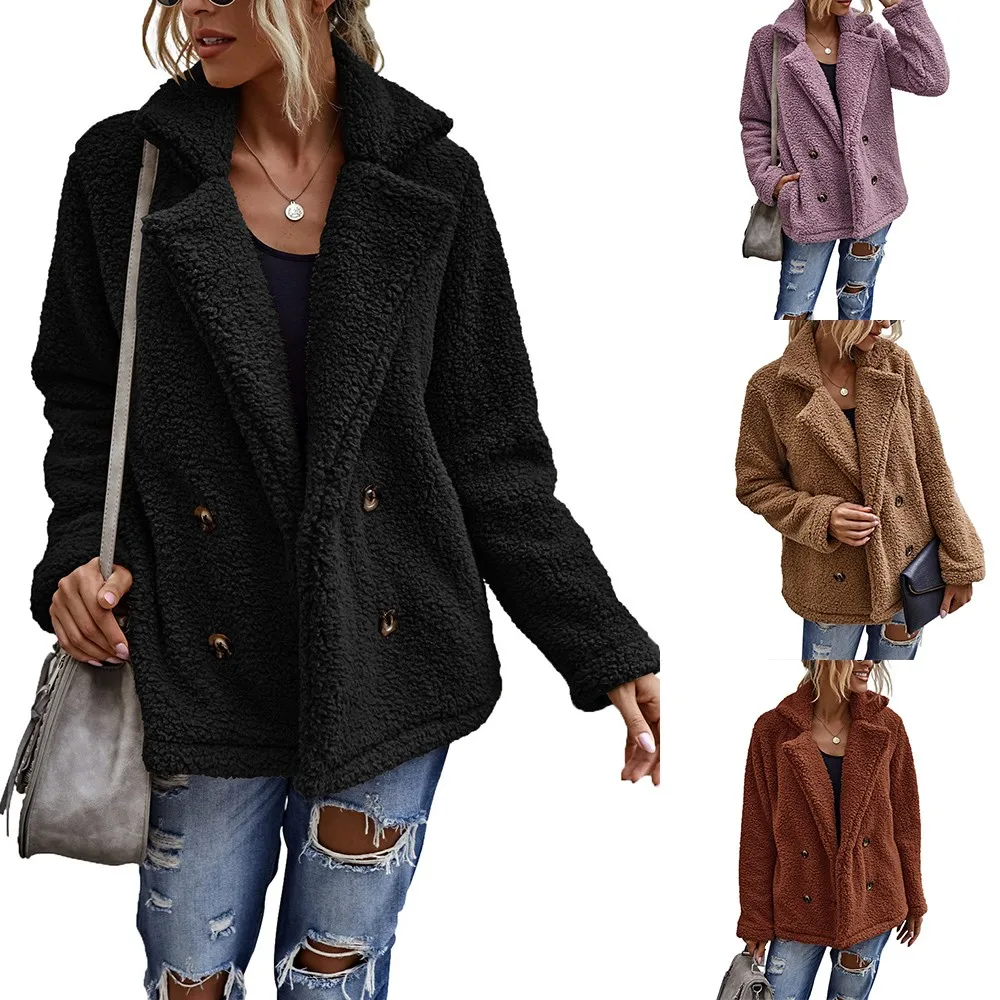 

Oversize Faux Lamb Women Button Solid Thick Cozy Fuzzy Coat Top Cardigan Suit Collar Long-Sleeved Pocket Warm Commuting Jacket