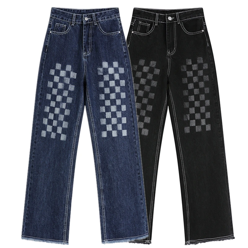 

Женские джинсы с квадратным принтом, прямые широкие брюки с высокой талией, потертые джинсовые брюки, корейские повседневные Простые брюки,...