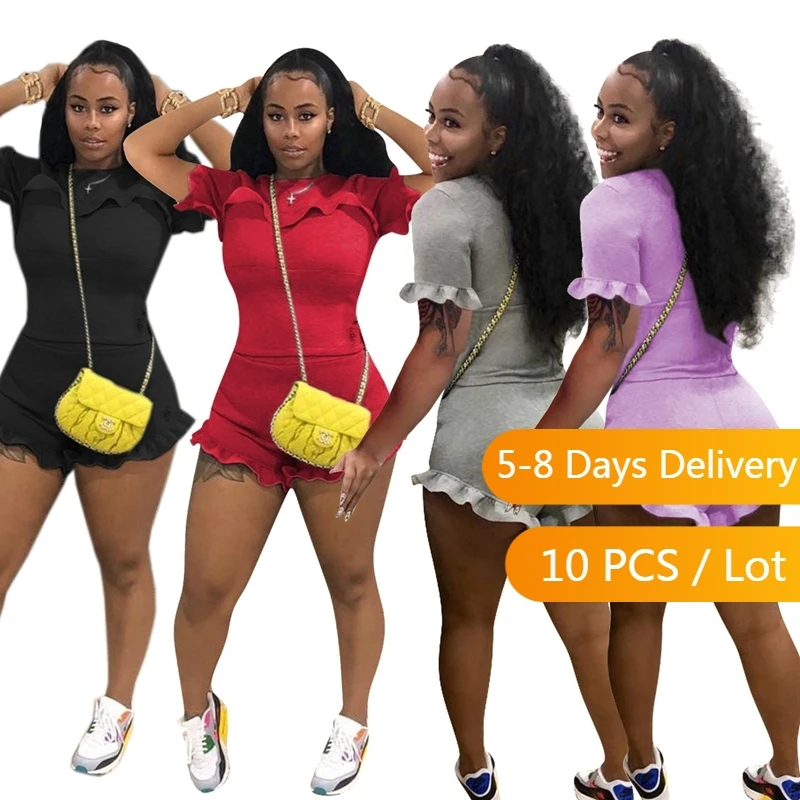 

Оптовая продажа товаров, домашняя одежда, Женский комплект, летняя одежда, комплект из двух предметов с оборками, укороченный топ и шорты, облегающие повседневные наряды для женщин