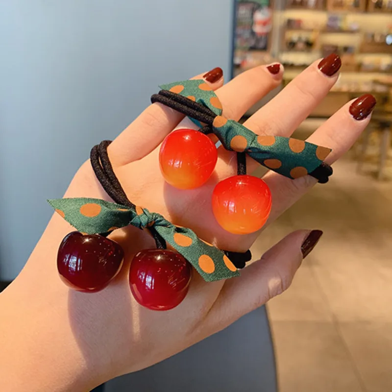

[Xwen] New Girl Lovely Cherry Hair Band Elastic Rubber Bands Female Dot Printed Bow Headdress Fashion Hair Accessories