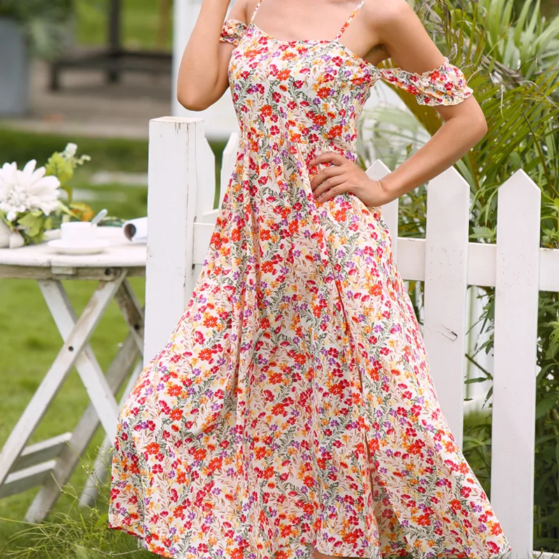 

Sweet Lovely Long Dress Sling Off The Shoulder Print Floral Big Hem Folds High Split Fork Fashion Daliy Travel Vestidos Feminino