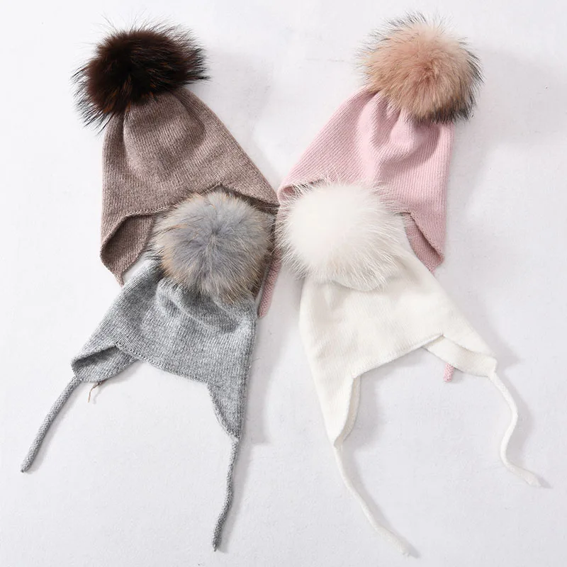 Осенне зимняя детская Шапка бини шапка с помпоном из натурального меха для