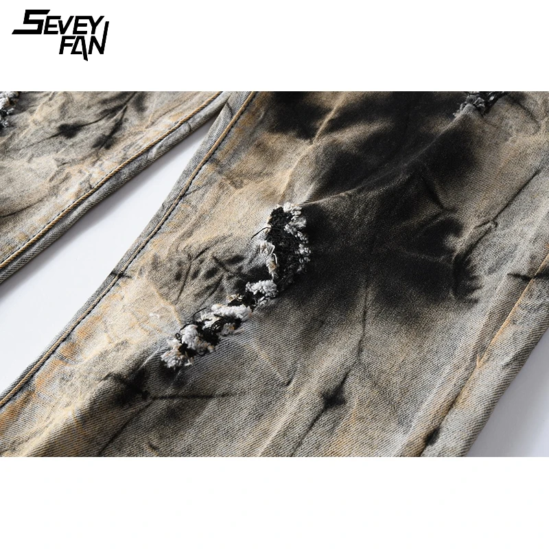 

Vintage Ripped Denim Pants Hip Hop Tie Dye Streetwear Slim Hole Jeans Men Fashion Washes Spring Autumn Casual Jean Trousers Male