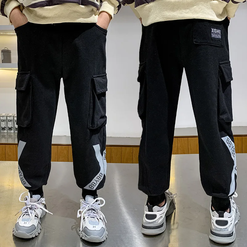 

Брюки для мальчиков с карманами, повседневные хлопковые Капри для бега, штаны для подростков, высокие брюки для начинающих ходить детей, вес...