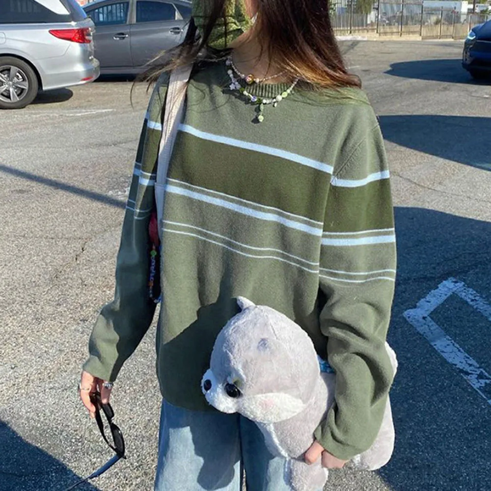 

Женский трикотажный свитер в полоску, тонкий пуловер с длинным рукавом и круглым вырезом, свободный Универсальный свитер в стиле пэчворк