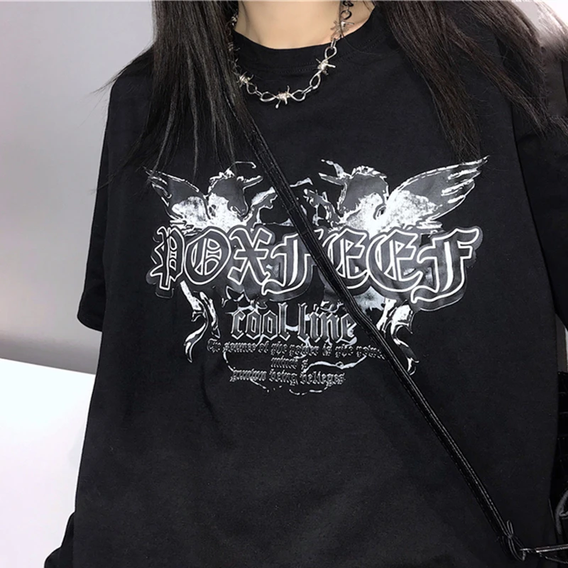 

Harajuku Retro dark Sanskrit letters print Cotton short-sleeve tops Ulzzang bf loose fashion oversized ins casual women T-shirt