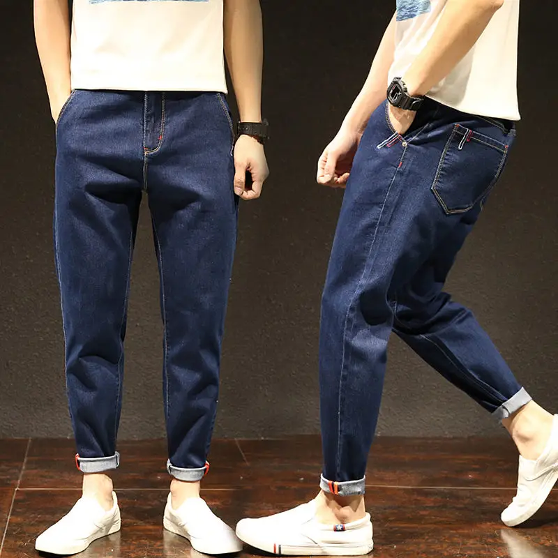 2021Elastic ninth Harem Jeans men's spring summer loose leisure student HK fashion men's pants Korean version Casual baggy Jeans
