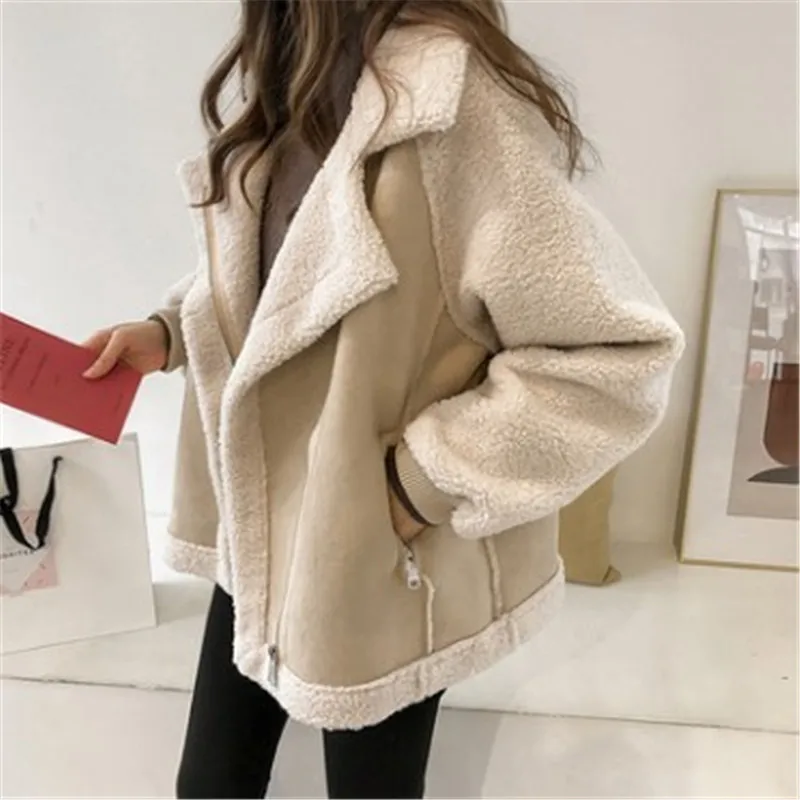 

Women Winter Oversized Teddy Jacket Chic Faux Suede Fur Collar Coats Aviator Motorcycle Biker Jackets Female Lamb Wool Coat New