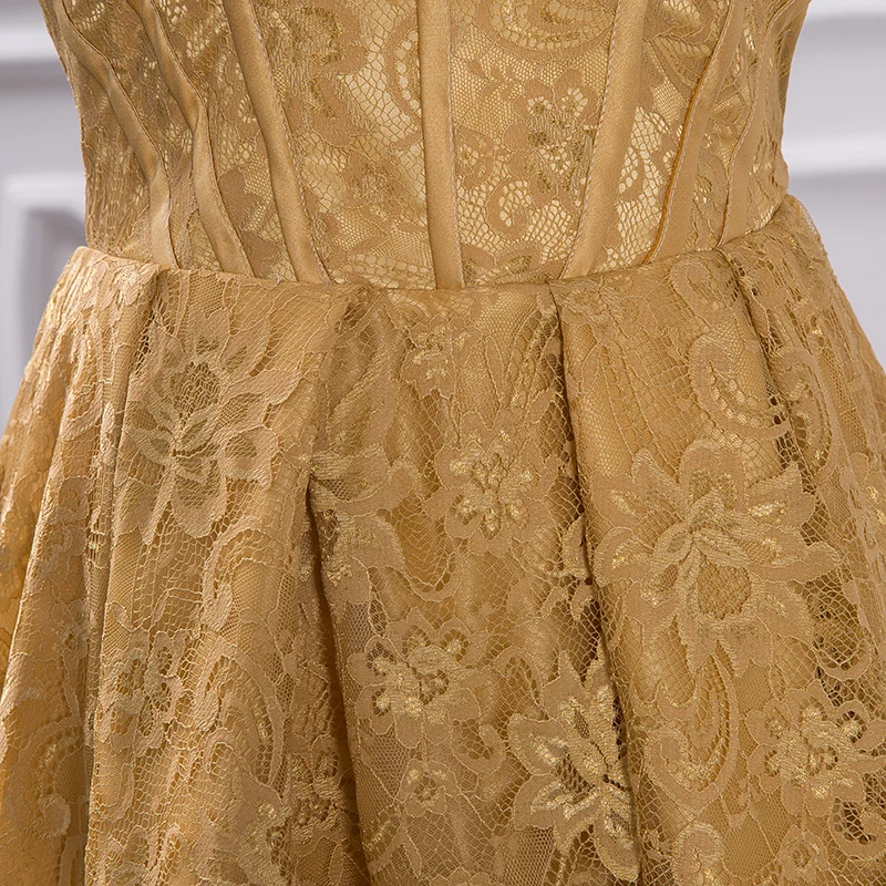 

Real Photos Off the Shoulder A-Line Lace Evening Dresses Short Front Long Back Gold Formal Gown