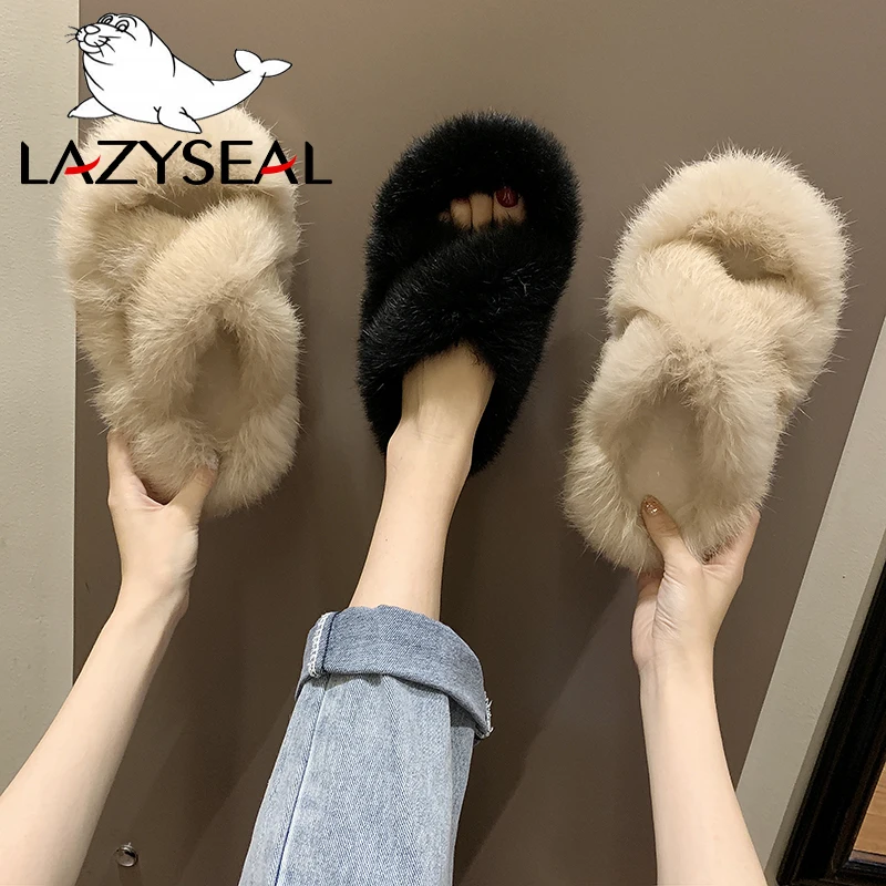 LazySeal/тапочки с натуральным кроличьим мехом женская обувь модные женские Вьетнамки, Повседневная плюшевая обувь на плоской подошве женские меховые домашние шлепанцы