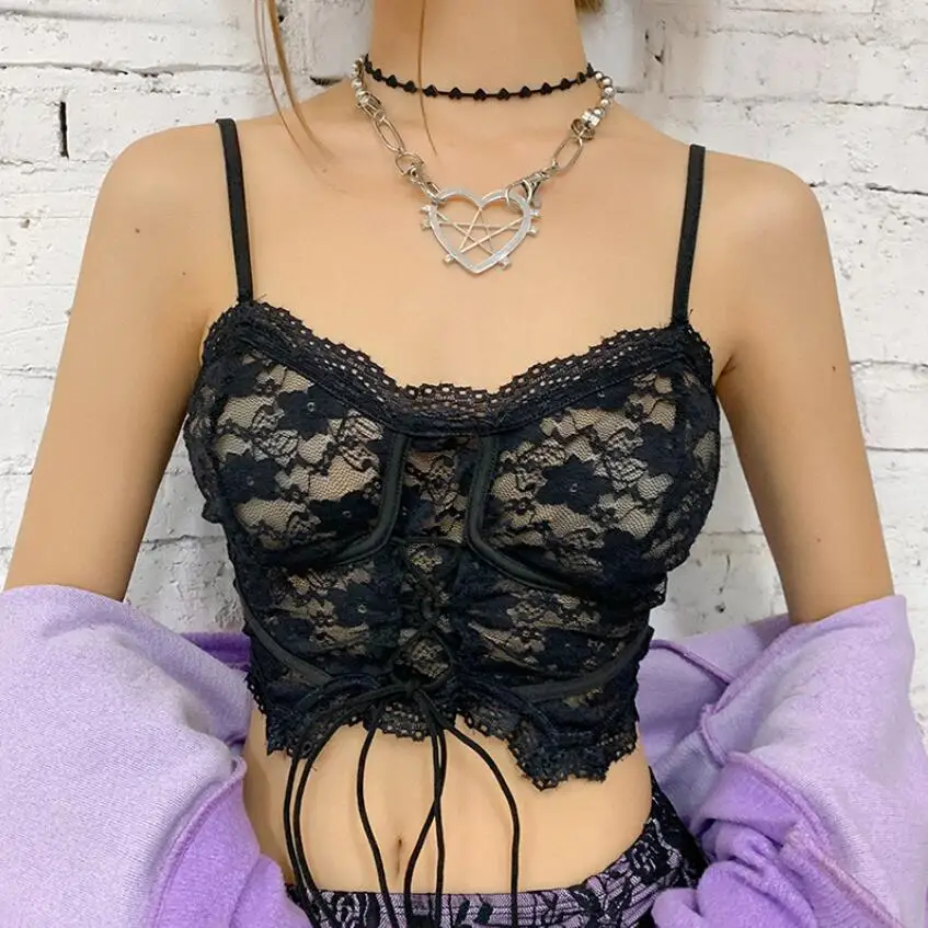 

Woemen Black Lace Up Halter Camisole Crop Top Fashion Sexy Sling Strapless see through Tank Top Tee Party Wear q44