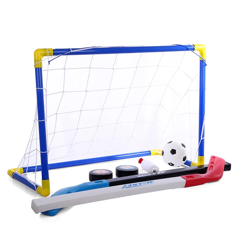 

2 in 1 Outdoor/Indoor Kids Sports Soccer & Ice Hockey Goals with Balls and Pump Practice Scrime Game Football Toy Set