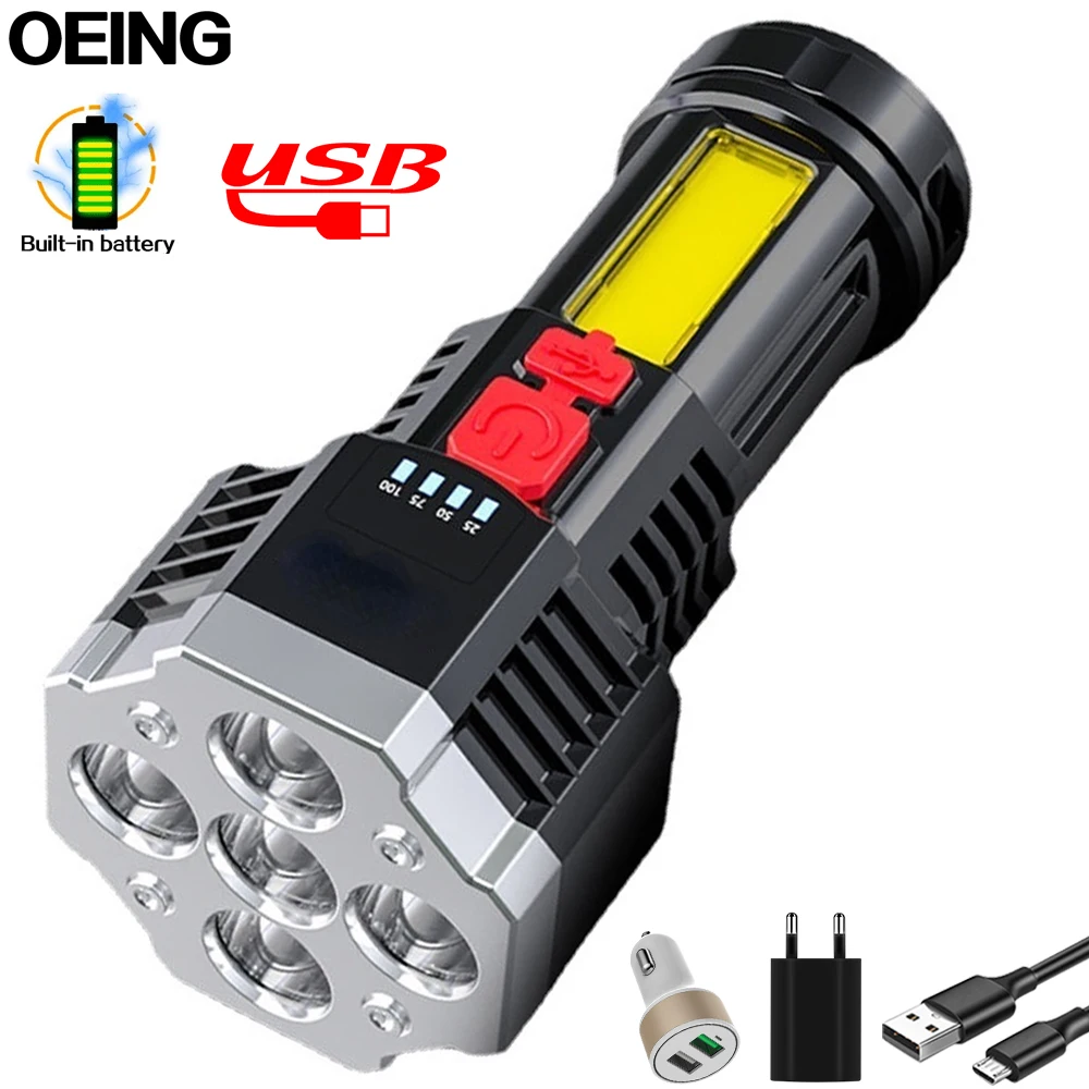 

Новейший 5-диодный фонарик с боковым COB матрицей, портативный USB Перезаряжаемый фонарь, рабочий светильник рь со встроенным аккумулятором, в...