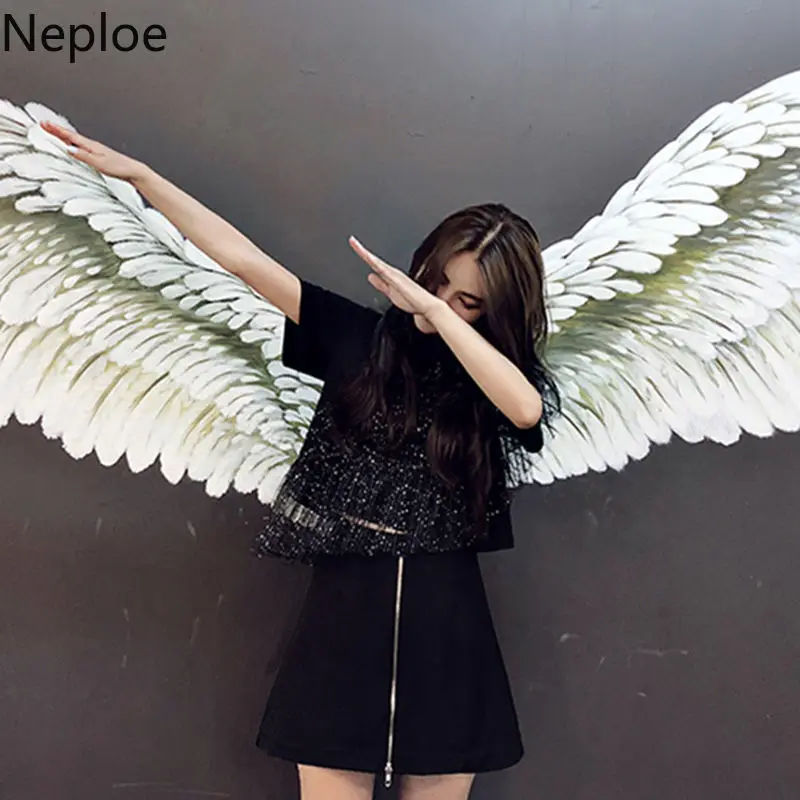 Neploe черная футболка с блестками и круглым вырезом в стиле пэчворк женская летняя