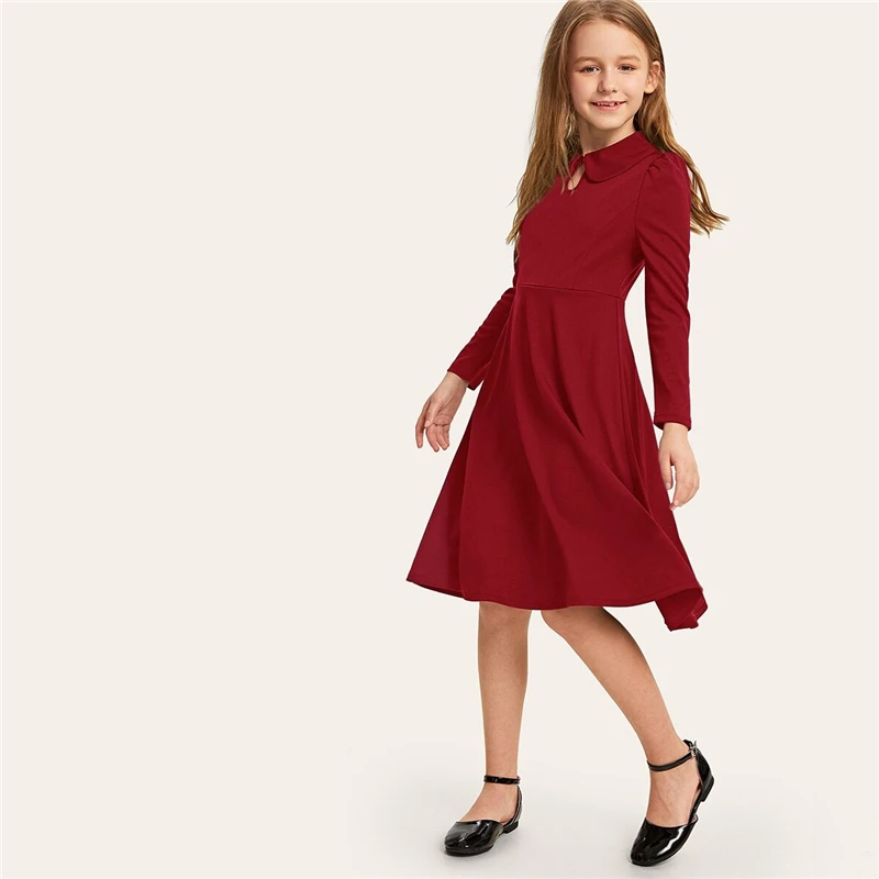 SHEIN Kiddie/красное однотонное расклешенное платье с оборками, трапециевидной формы, с поясом, летнее праздничное платье, рукав-волан, с пуговицами на спине, платья-миди для девочек