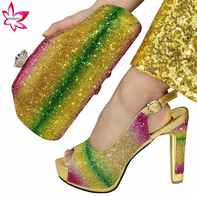 

Red Hot Sale African New Design Ladies Matching Shoe and Bag Italian Women Shoes and Bags Set for Party with Shining Crystal