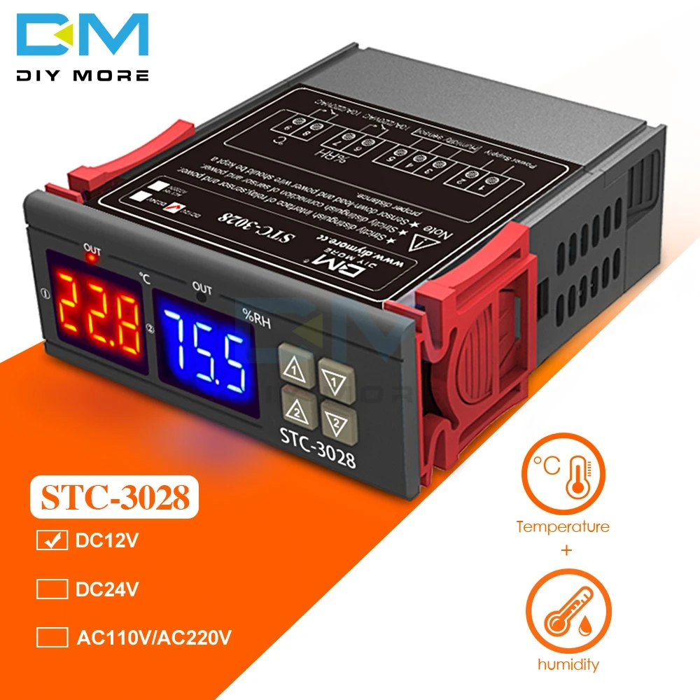 DC 12V STC-3028, двойной цифровой светодиодный регулятор температуры и влажности, термометр, термостат, гигрометр переменного тока 110 В 220 В постоянного тока 12 В 24 в 10 А - Цвет: DC 12V